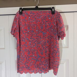 Elle Vibrant Red Blouse with Blue Floral Pattern